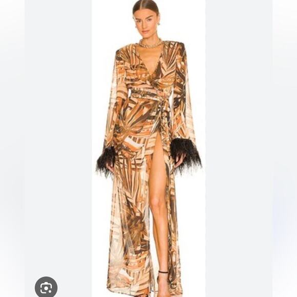 BRONX AND BANCO Geisha 
Kenya Kimono Dress in Printed Silk with Ostrich Feathers - Picture 1 of 6